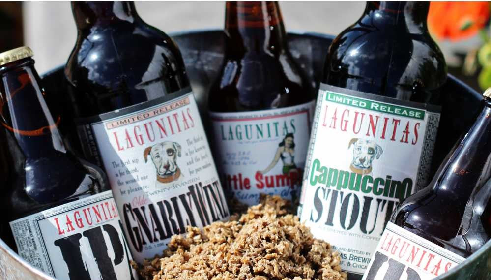 Lagunitas beer bottles in a bucket