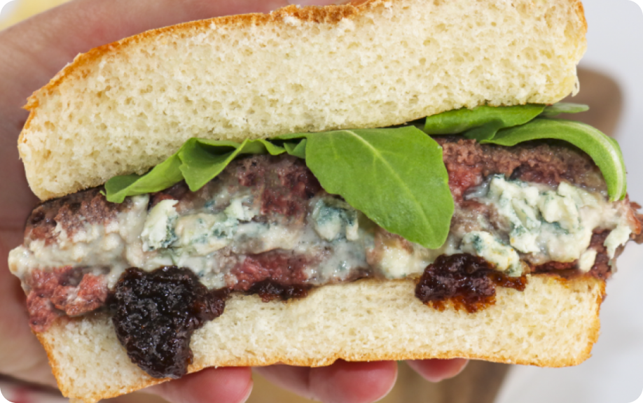 Original Blue Stuffed Burgers with Fig Jam & Arugula