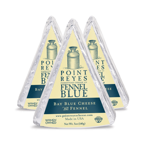 Three packages of Point Reyes Fennel Blue cheese on a transparent background