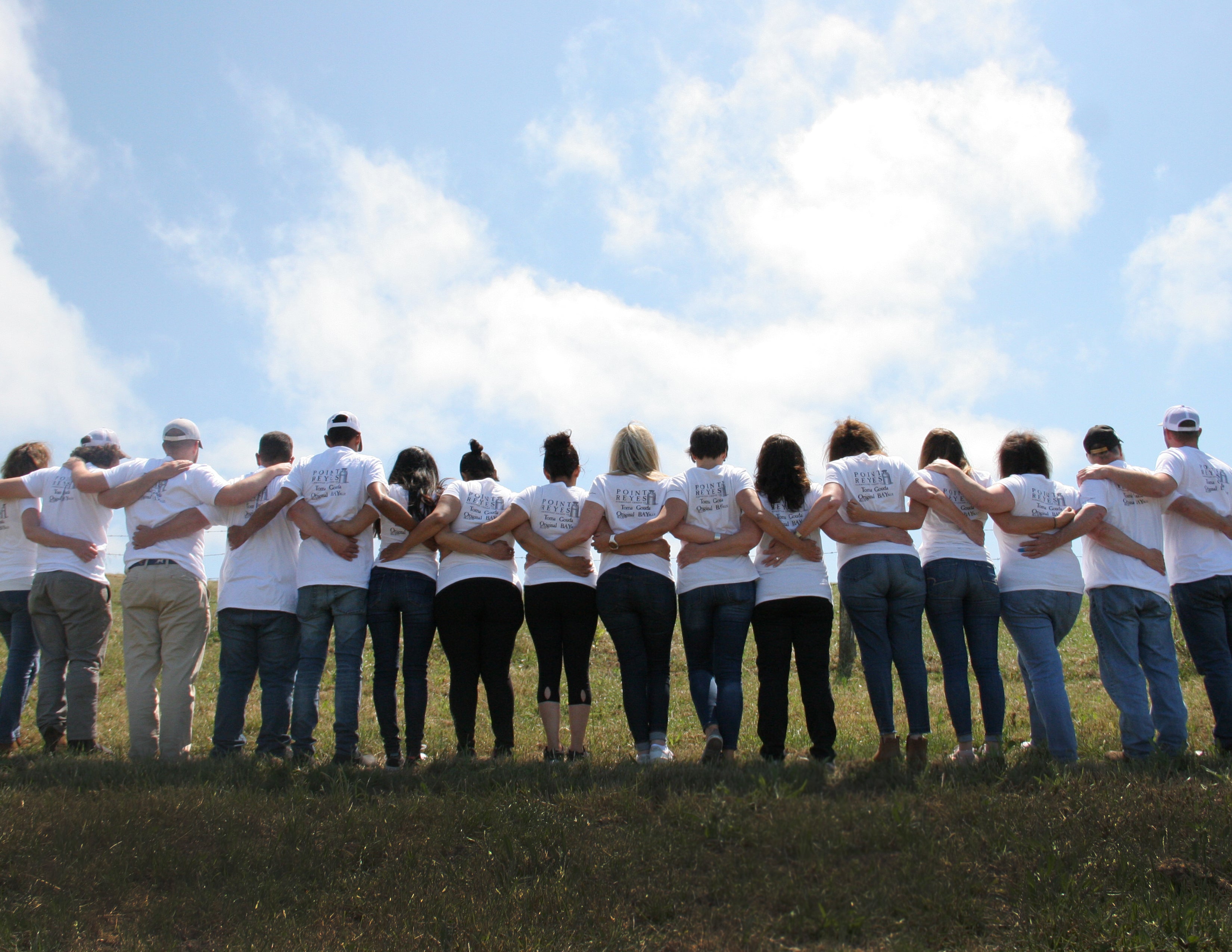 employees with arms around each other on pasture