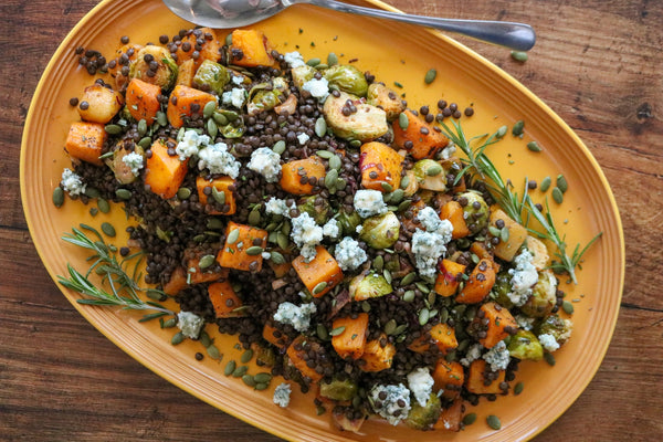 Roasted veggie and lentil salad with blue cheese