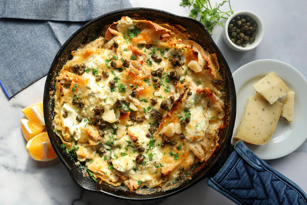 chicken lasagna in a cast iron skillet