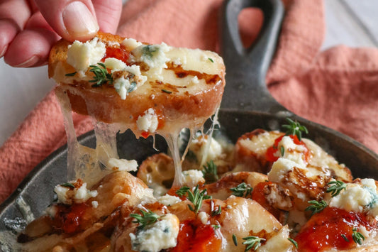 Crostini Nachos with cheese in a pan