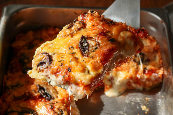 Focaccia pizza with cheese and mushrooms  