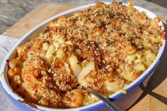 Toma and Gouda French Onion Mac and cheese in a dish