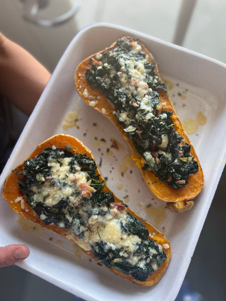 Stuffed Butternut Squash with Greens, Bacon & Toma