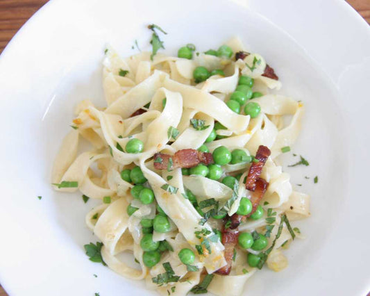 Fresh Linguine with Peas, Pancetta & Toma 