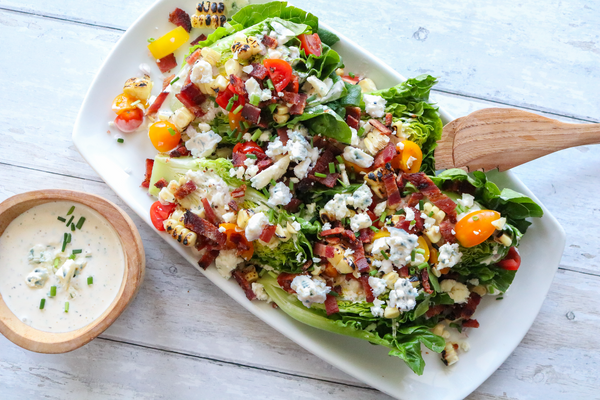 salad on plate with little gem lettuce and blue cheese dressing