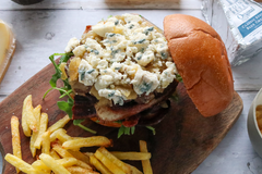 burger with original blue and onion jam