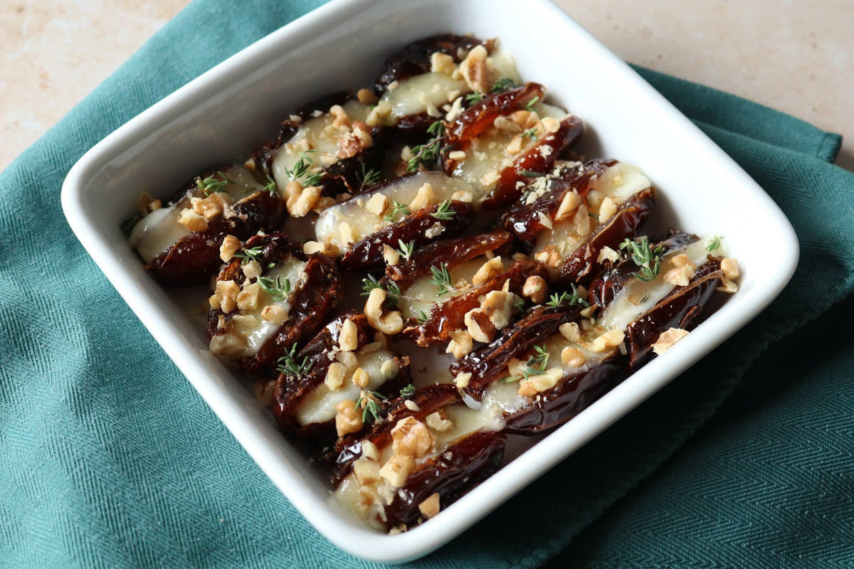 Baked Toma Stuffed Dates with Walnuts, Thyme & Honey