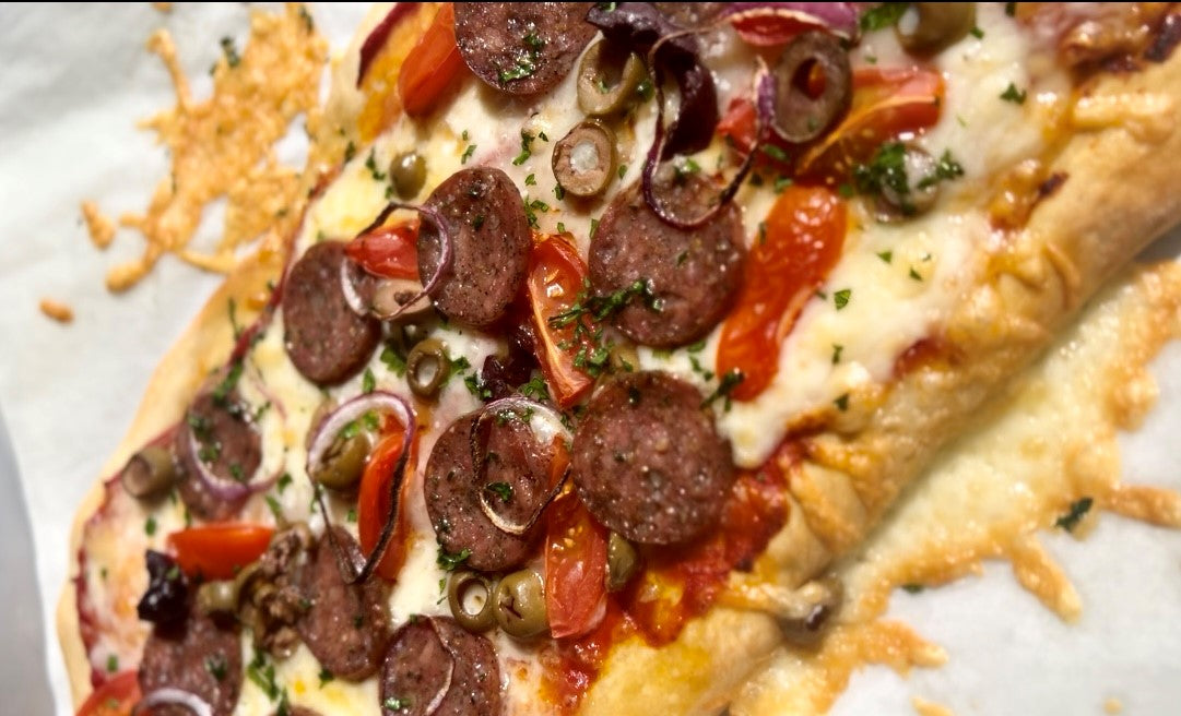 Coro Salami, Olive, and Toma Cheesy Flatbread
