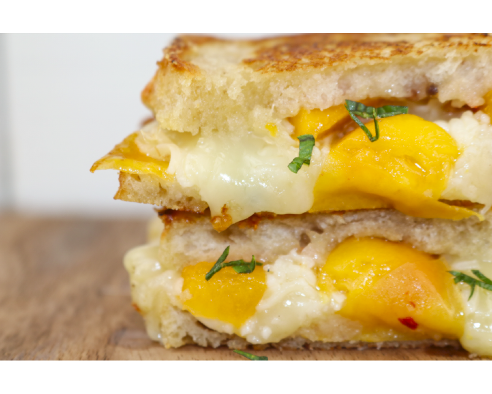Grilled Cheese Sandwich with Toma, Peach Chutney and Basil 