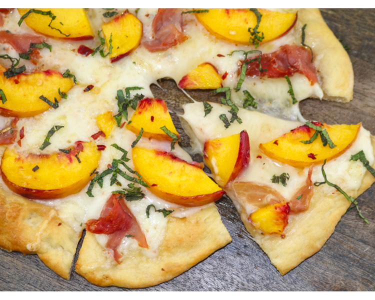 Toma Flatbread with Peaches & Prosciutto Point Reyes Farmstead Cheese