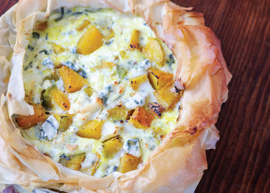 Winter Squash Quiche with Caramelized Onions, Original Blue and Sage 