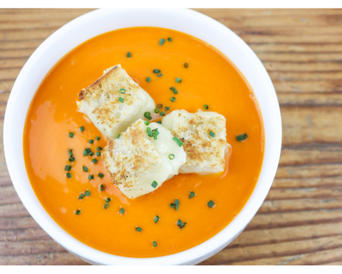 Tomato Soup with Toma Grilled Cheese Croutons 