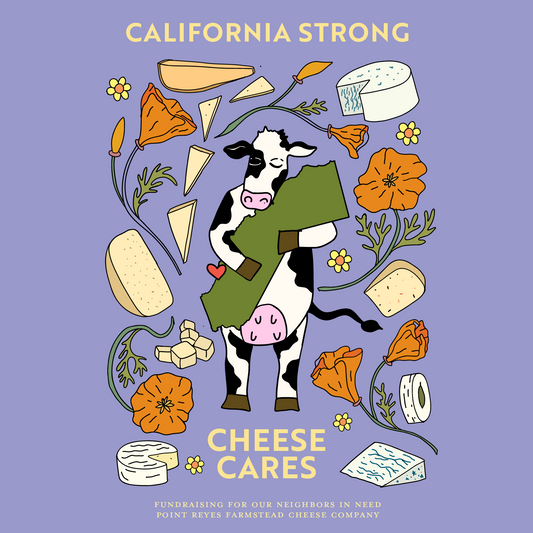 Cheese Cares Fire Relief Donation - cow holding California surrounded by cheese and poppies