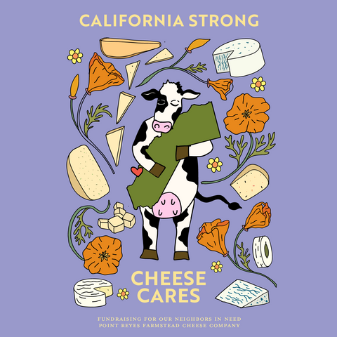 Product: Cheese Cares Fire Relief Donation - cow holding California surrounded by cheese and poppies