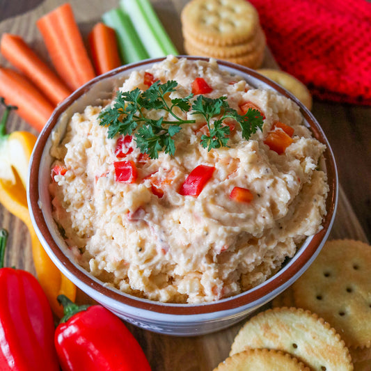 Pimento Spread with crackers and red peppers