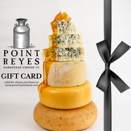 Stacked wheels of cheese with honey on top with the Point Reyes Farmstead Cheese Company logo, a headline that reads gift card, and a footer that notes that gift cards are only valid for purchase at www.pointreyescheese.com